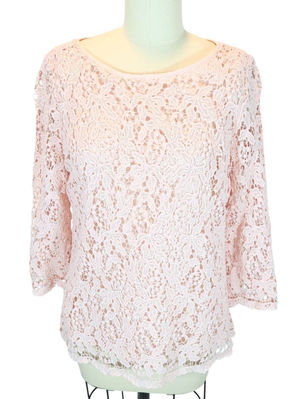 TALBOTS All Over Crochet Boat Neck Top Size 12p Coastal Boho Preppy Blush Pink